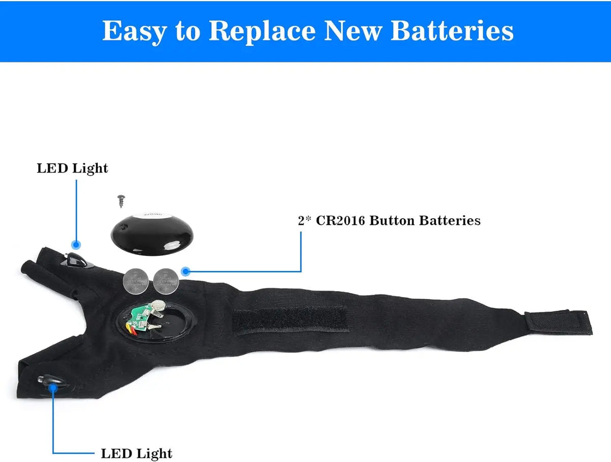 Black LED fingerless gloves with built-in flashlight and CR2016 button batteries