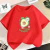 A red kids t-shirt featuring a graphic print of an avocado fruit.