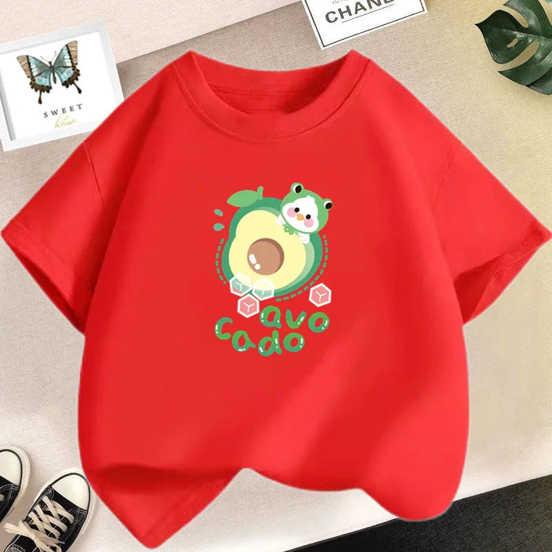 A red kids t-shirt featuring a graphic print of an avocado fruit.