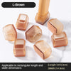 L-Brown silicone furniture leg pads with felt bottoms for scratch protection, shown in various shapes and sizes.