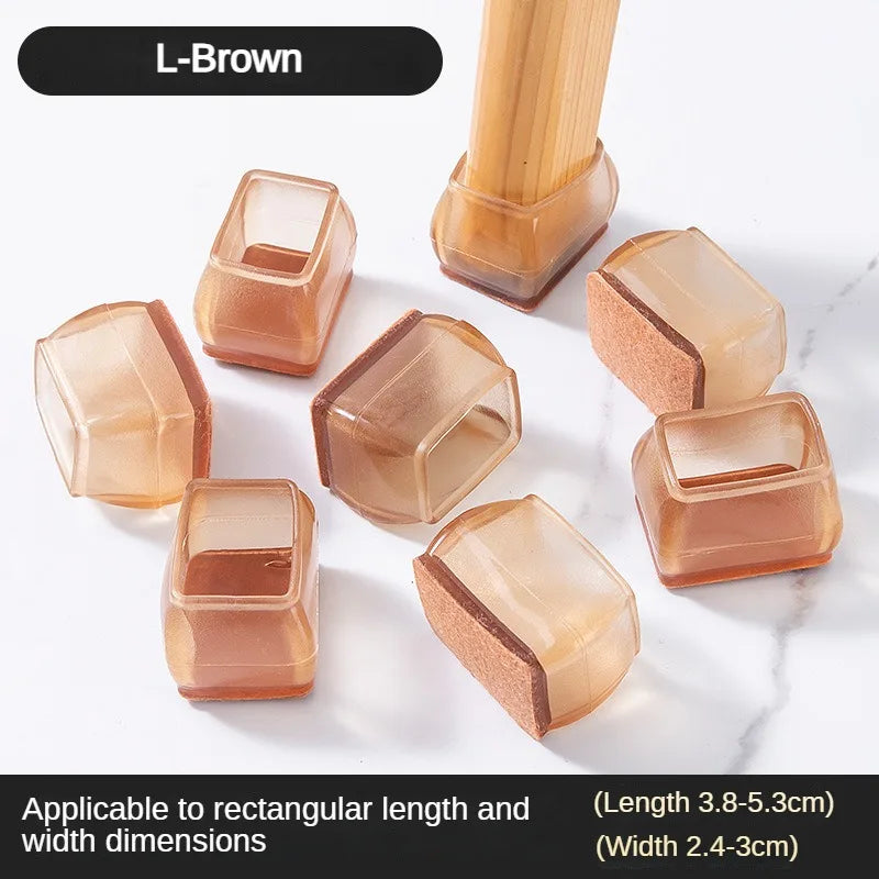 L-Brown silicone furniture leg pads with felt bottoms for scratch protection, shown in various shapes and sizes.