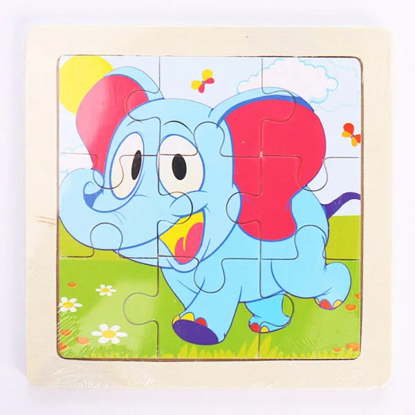 A colorful wooden jigsaw puzzle featuring a blue elephant character on a green background.