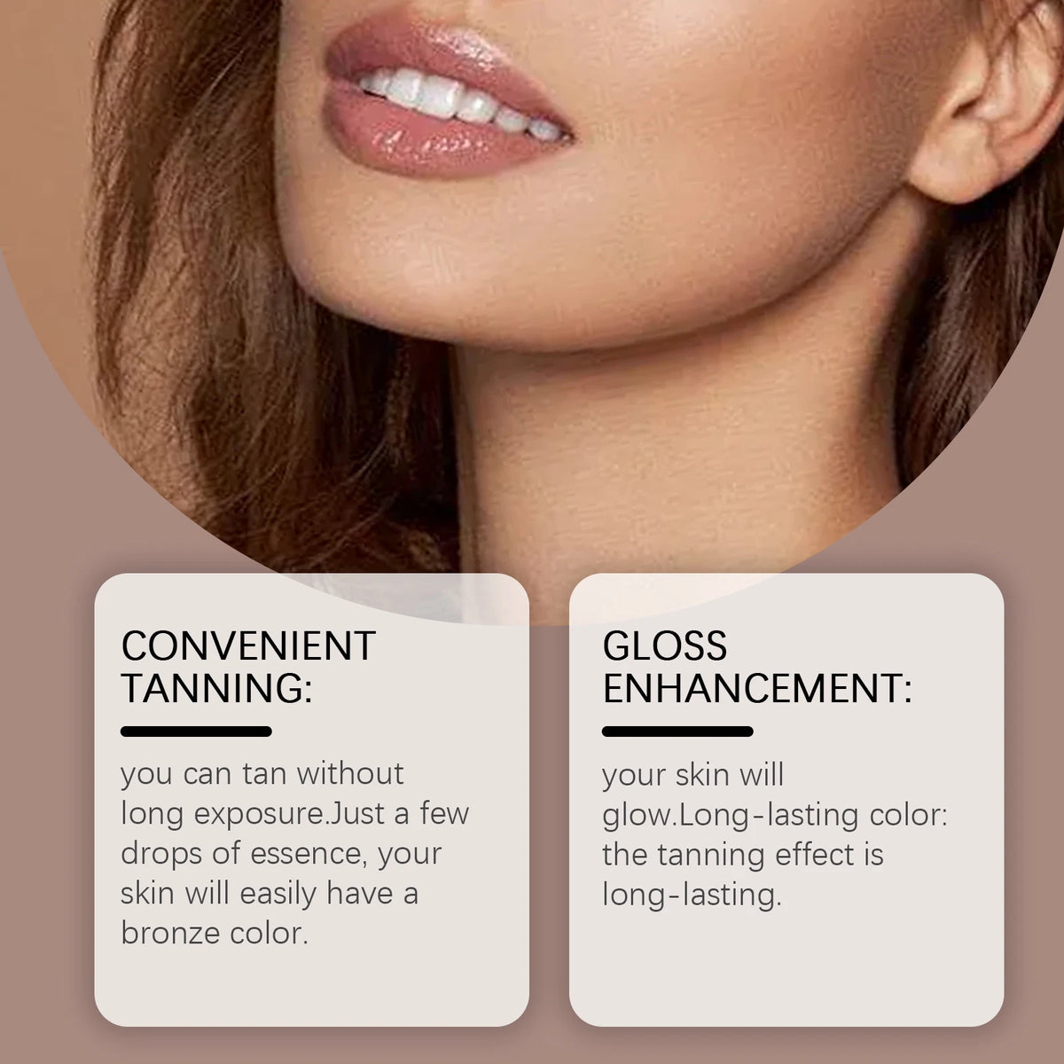 Close-up of a woman applying bronzing mousse to her cheek, showing smooth skin and natural bronze tone.