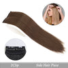 A long, straight brown hair piece shown with a side view and a close-up of the clip-in section.