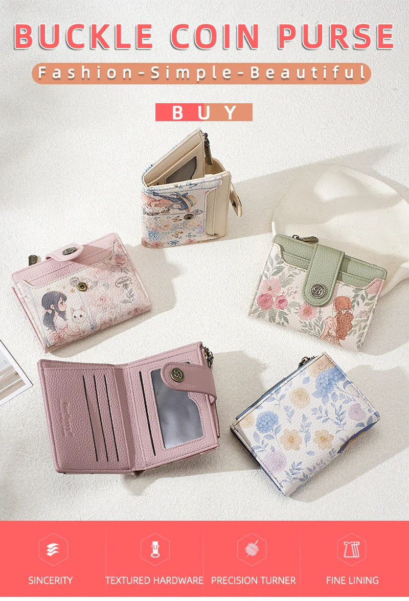 A pink floral print women's buckle coin purse shown in various angles.