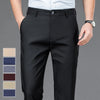 Black men's stretch straight-leg trousers shown on a model, with color swatches displayed.