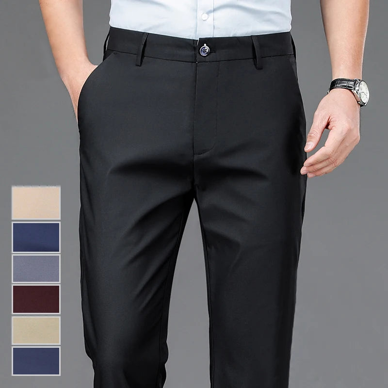 Black men's stretch straight-leg trousers shown on a model, with color swatches displayed.