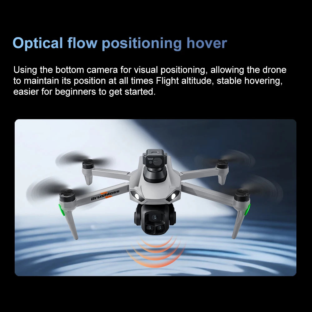 A drone is shown hovering, utilizing a bottom camera for visual positioning during flight.