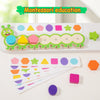 A Montessori educational toy featuring a magnetic caterpillar puzzle with various colored and shaped pieces for learning.