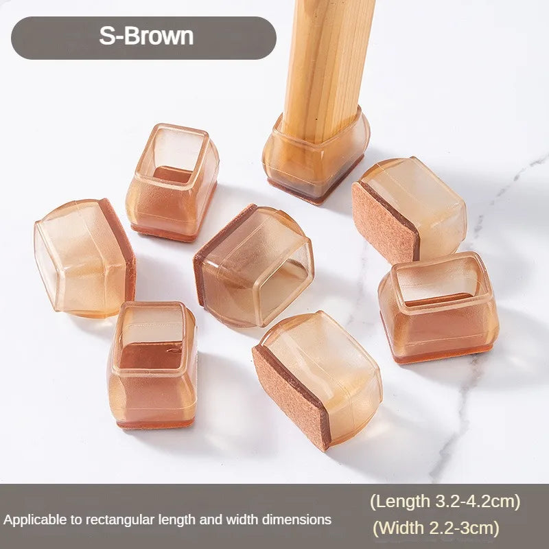 S-Brown silicone furniture leg pads with felt bottoms for scratch protection, shown in various shapes.