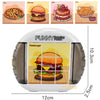A white rotating puzzle featuring a hamburger design, with surrounding images of pizza, cake, and fries.