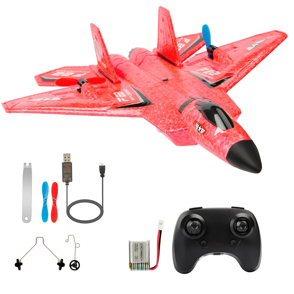 A red foam SU-27 airplane model with attached 2.4G remote control and battery components.