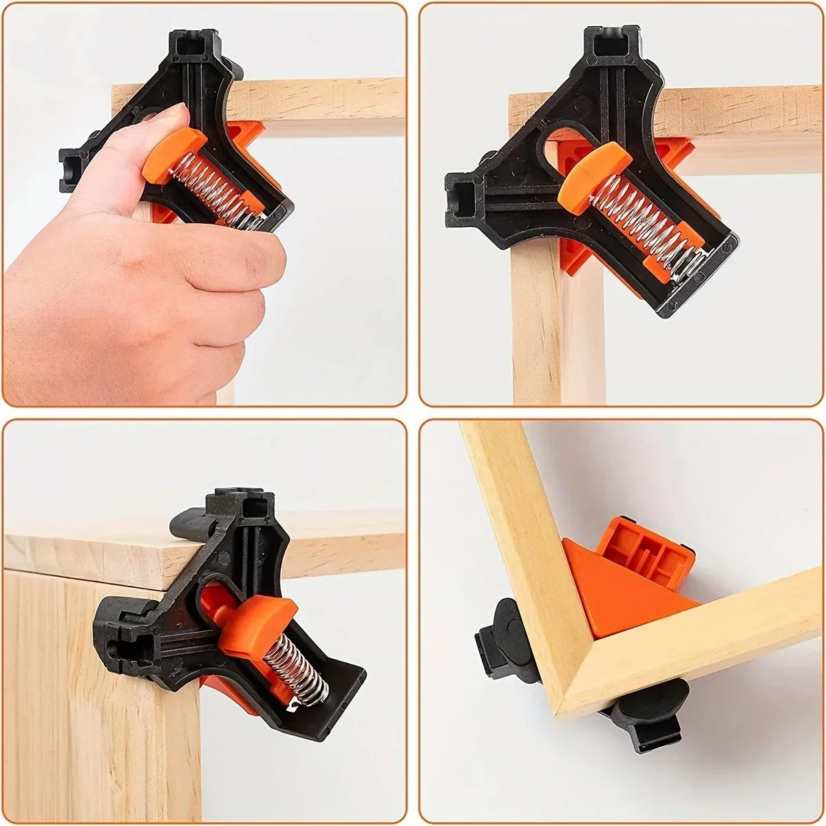 Four adjustable right-angle clamps used for woodworking and DIY projects, shown in various angles.