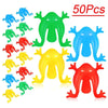 A set of 50 colorful jumping frog toys in various colors including blue, green, yellow, and red.