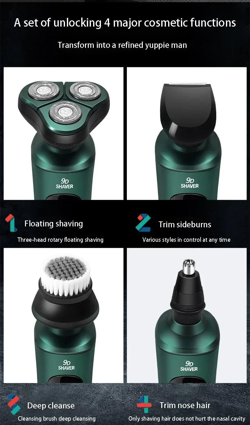 A set of 9p shavers including a floating shaver, a trimmer, and a nose hair trimmer in green packaging.