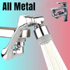 A close-up view of a chrome metal faucet sprayer head with a flexible spray nozzle.