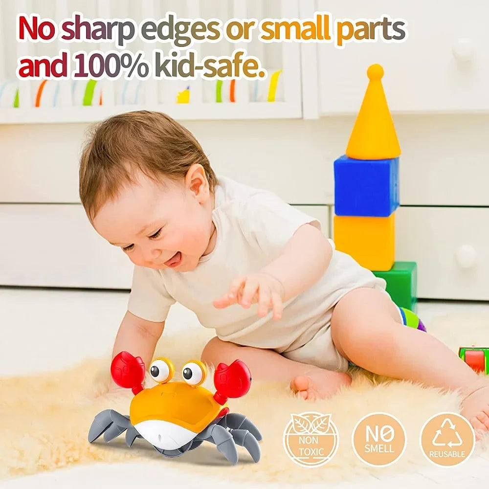 A baby is playing with an orange and gray interactive crab toy on a white floor.