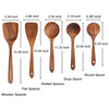 A set of wooden cooking utensils including a round spoon, soup spoon, flat spatula, and wooden spatula, made from teak wood.