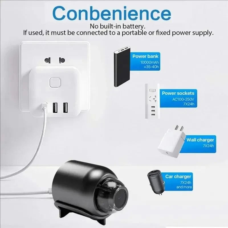 A white power adapter and a black wall charger are shown next to a black security camera.