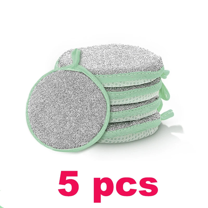 Five green textured non-stick dish sponges stacked together
