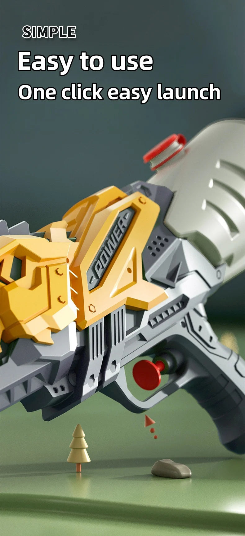 Close-up of a gray and yellow dinosaur-themed water toy gun with a red trigger, set against a green background.