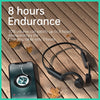 Black bone conduction sports headphones resting on a wooden surface with an iPhone nearby.