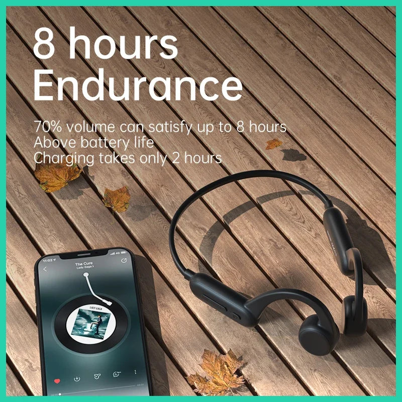 Black bone conduction sports headphones resting on a wooden surface with an iPhone nearby.