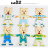 Three wooden puzzle bears in various outfits and colors for children's dress-up play