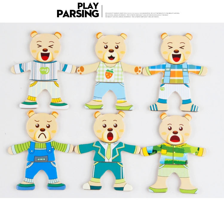 Three wooden puzzle bears in various outfits and colors for children's dress-up play
