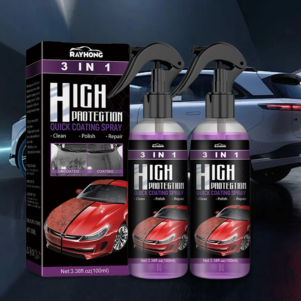 Three bottles of High Protection Quick Coating Spray for cars displayed next to the product box.