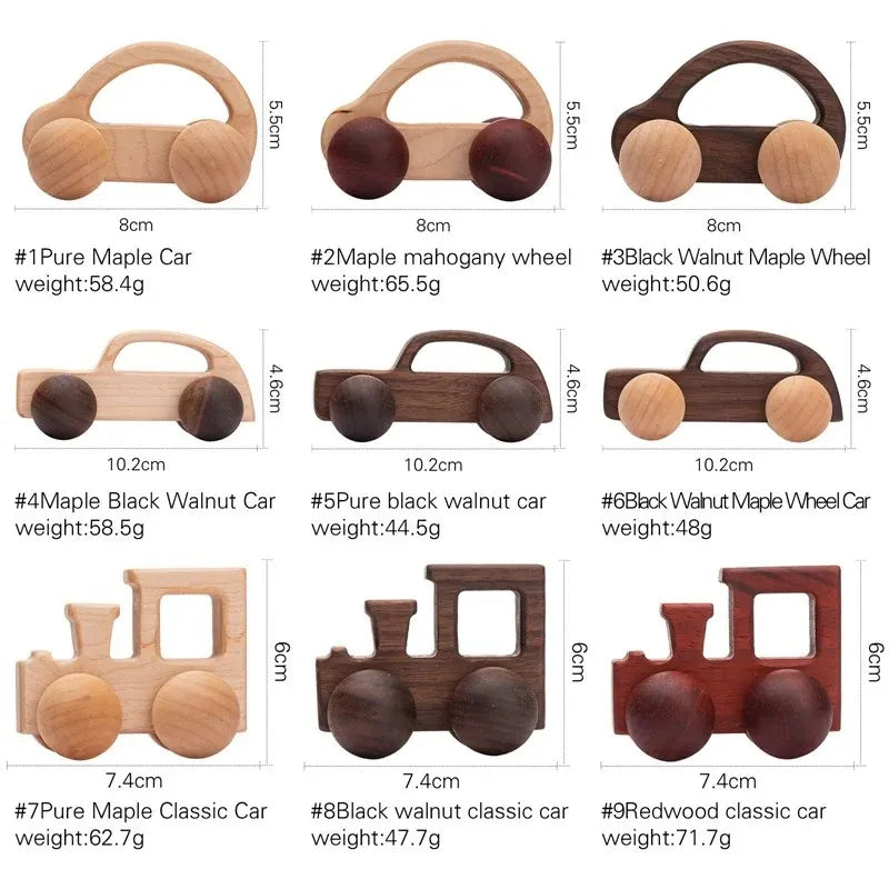 A set of nine hand-pushed wooden cart toys made from maple and walnut wood for toddlers.