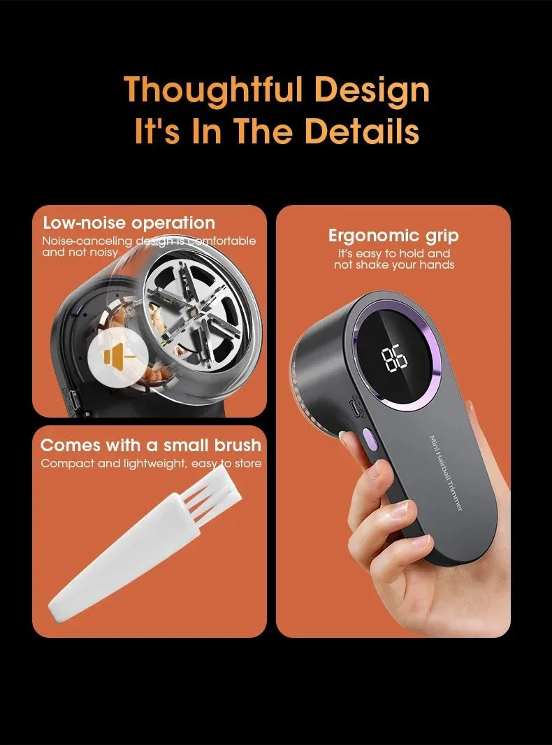 A close-up of a black rechargeable fabric shaver and lint remover with an ergonomic grip and a white brush.