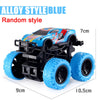 An alloy style blue random style pull-back stunt SUV toy car with black chassis and blue wheels.