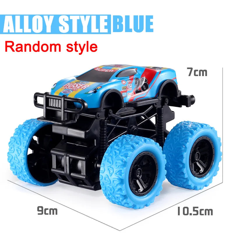 An alloy style blue random style pull-back stunt SUV toy car with black chassis and blue wheels.