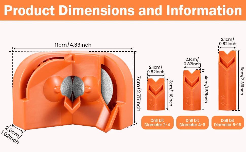 Orange portable diamond wheel drill bit sharpener showing various drill bit sizes and dimensions.