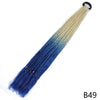 A long hair extension featuring a gradient color transition from light blonde to deep blue, finished with an elastic band.
