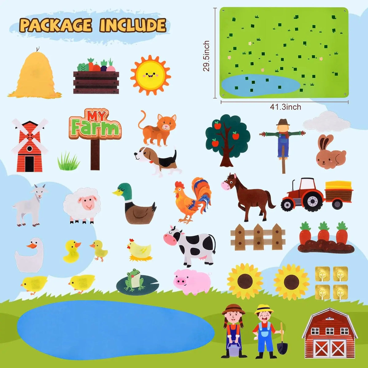 A felt story board set featuring various farm and zoo animals, including a lion, pig, sheep, duck, and various other creature