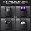 Black car door storage organizer featuring a cup holder, phone pocket, and small accessory slots.