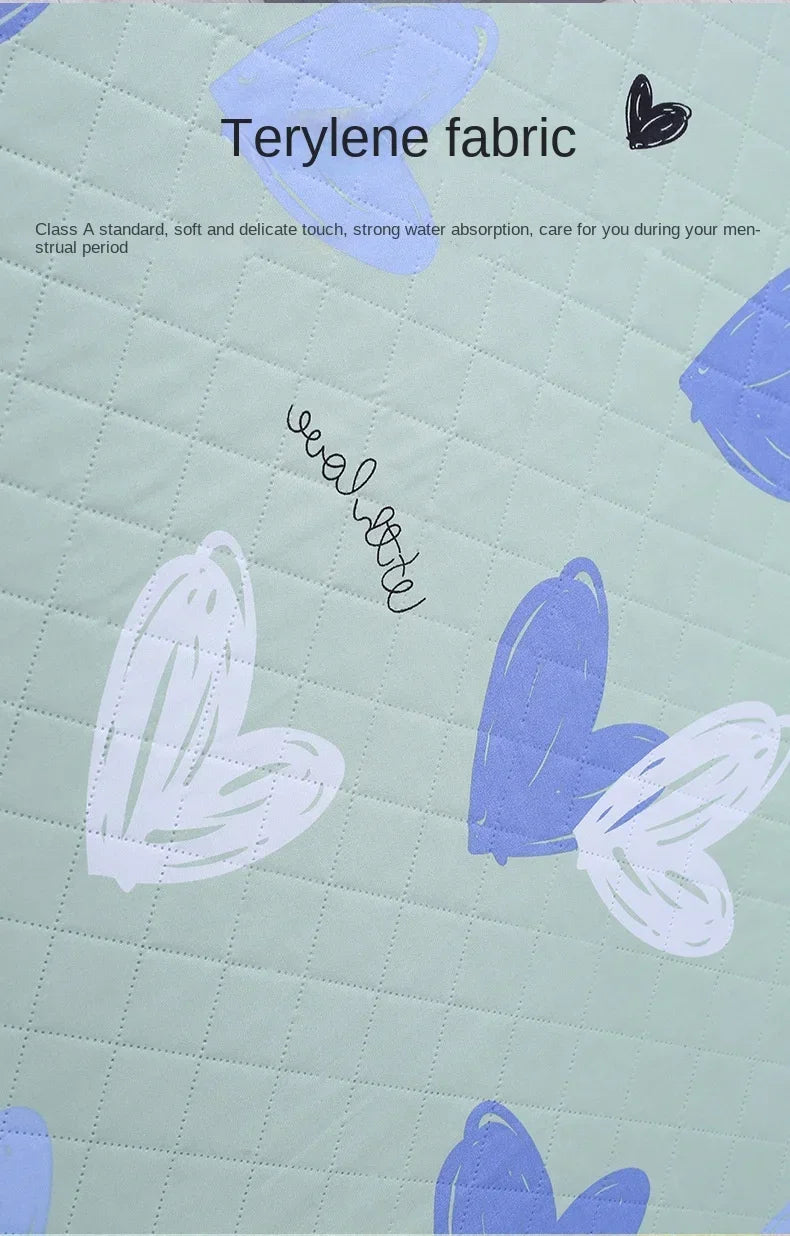 Light green fabric with purple watercolor designs and text about Terylene fabric.