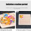 Two images showing the process of creating a puzzle: first, disorganizing wooden dinosaur pieces, and second, taking out a pi
