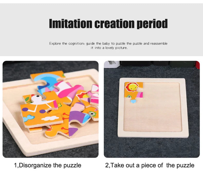 Two images showing the process of creating a puzzle: first, disorganizing wooden dinosaur pieces, and second, taking out a pi