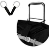Black adjustable elastic luggage straps with metal buckles and loops for securing travel items.