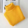 A bright yellow knit turtleneck sweater for kids displayed on a white surface.