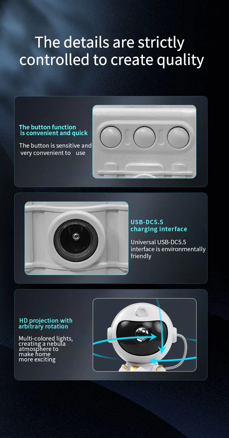 Details of an Astronaut Star Projector night light showing button function, USB-DC5.5 interface, and HD projection with arbit