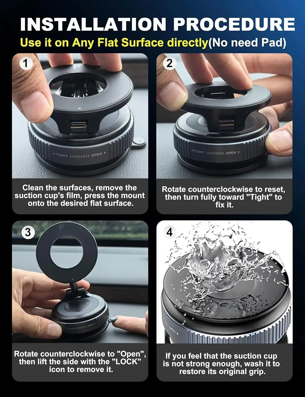 Installation procedure showing how to use a 360° rotating magnetic foldable phone holder on a flat surface.
