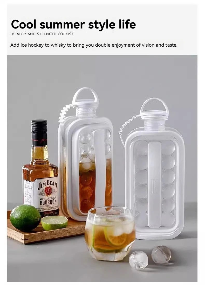 A clear plastic ice cube tray mold is shown next to a bottle of whiskey and a lime, illustrating a cool summer style life con