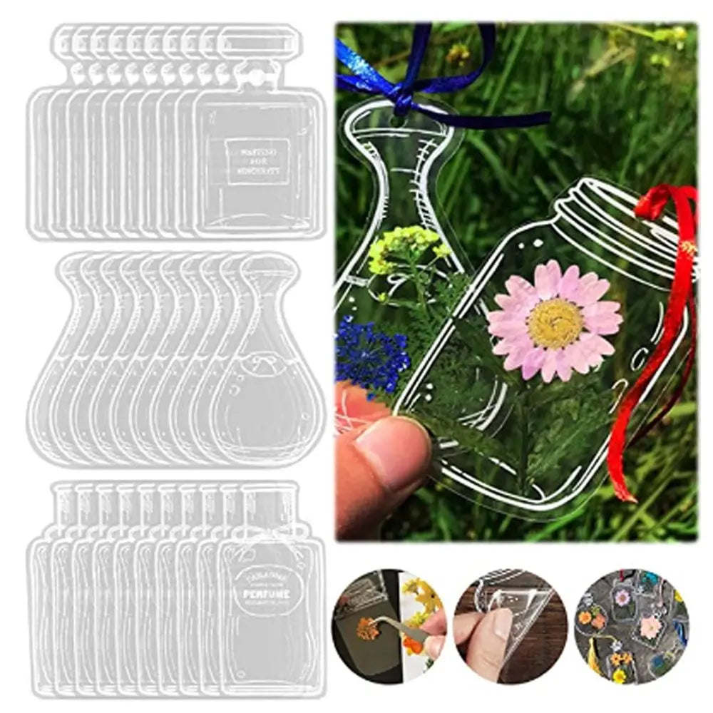 A set of thirty clear silicone bookmarks and a glass bottle filled with dried flowers.