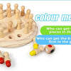 A wooden memory game featuring chess pawns in various colors and a wooden board.