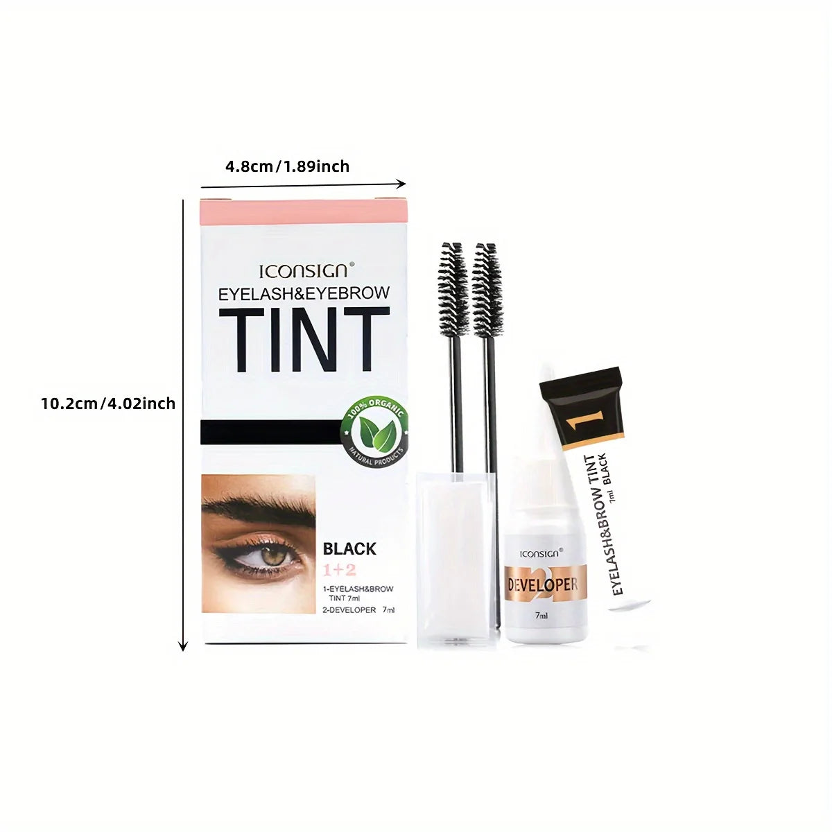 A box of Iconsign Tint Eyebrow & Eyelash Tint Kit showing the product packaging and applicator brushes.
