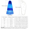 A set of short silicone swimming flippers shown with size charts and diagrams for feet length and width.